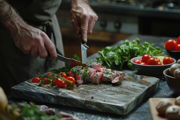 A chef is cutting meat on a cutting board