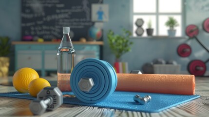 A vibrant 3D rendering of a fitness setup, featuring an exercise mat, weights, and a water bottle - obrazy, fototapety, plakaty