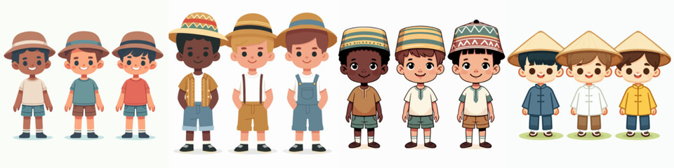 Set of Vector boys wear different hats - obrazy, fototapety, plakaty