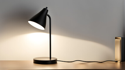 It is an image of a table stand with a light placed on a desk on a white background, and is an image of a lighting fixture with a simple and modern design made of black metal. generative ai.