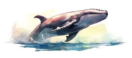 blue whale vector illustration with subtle watercolor splashes on a white background. - obrazy, fototapety, plakaty