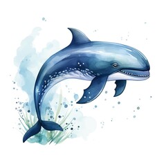 A cartoon dolphin painted in watercolor jumping from the sea on a white background.