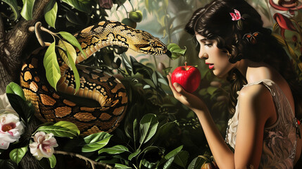 Eve tempted by the snake in the Garden of Eden, holding a picked apple
 - obrazy, fototapety, plakaty