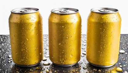 3 yellow aluminum can with condensation drops. Beer or soda drink package. Liquid in metallic container. - obrazy, fototapety, plakaty