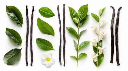 A vanilla flower stick and leaf isolated on a white background as part of a package design - obrazy, fototapety, plakaty