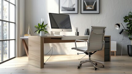 A comfortable office chair is strategically placed near a desk