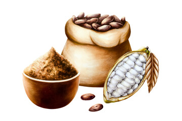 Watercolor composition with open cocoa pod, fruit and dry leaf. Beans in a canvas bag, brown ceramic bowl of cocoa powder or cinnamon. Hand drawn realistic organic superfood illustration isolated 