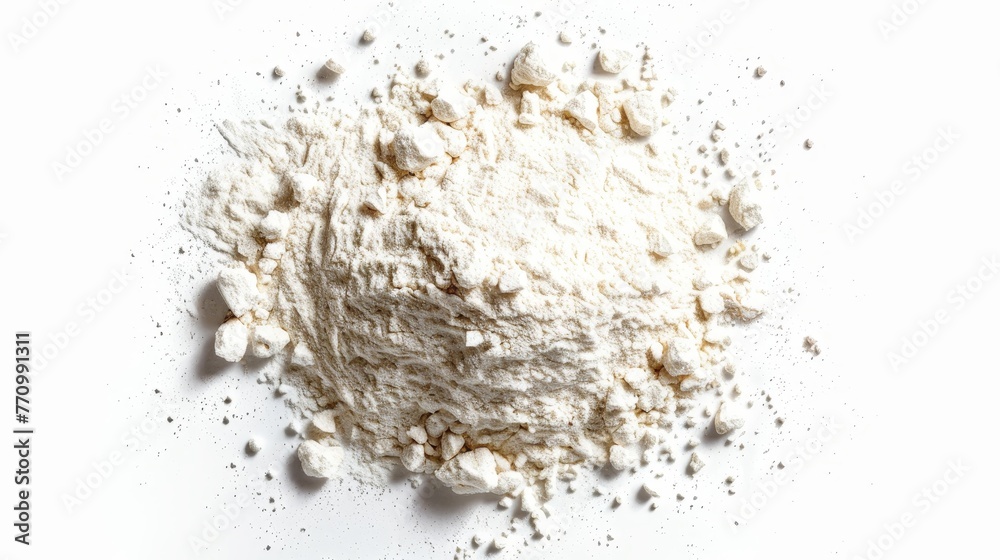 Poster an isolated pile of flour on a white background. the view is from the top.