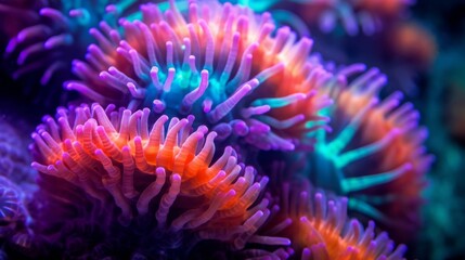 Macro shot on coral polyps. Neon corals, macro shot of ocean world, background, underwater world