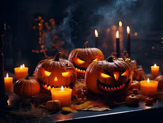 Halloween pumpkins with burning candles and autumn leaves on dark background