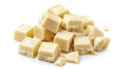 On a white background, a cube of white chocolate bar stands out