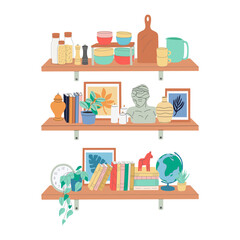 Interior bookshelves and kitchen equipments on shelf isolated on white background. Books at bookshelf, textbooks pile, school education or bookstore shelf, library bookcase isolated vector