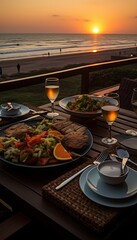 A romantic seafood dinner on a beach resort terrace at sunset. Fine china, crystal glassware, artfully presented food, and a bottle of wine create a blissful ambiance. Vertical Composition.