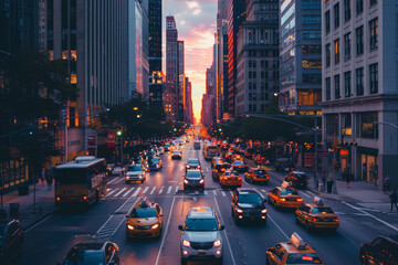 A busy city street with a sunset in the background
