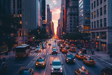 Afwasbaar Fotobehang New York taxi A busy city street with a sunset in the background
