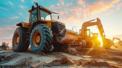 A dynamic construction site scene featuring two heavy wheeled tractors - obrazy, fototapety, plakaty