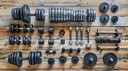 A bird's-eye view of various workout equipment arranged neatly on the floor