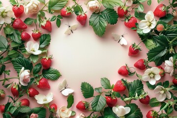 Circular arrangement of strawberries, flowers, and butterflies on a pastel pink background.