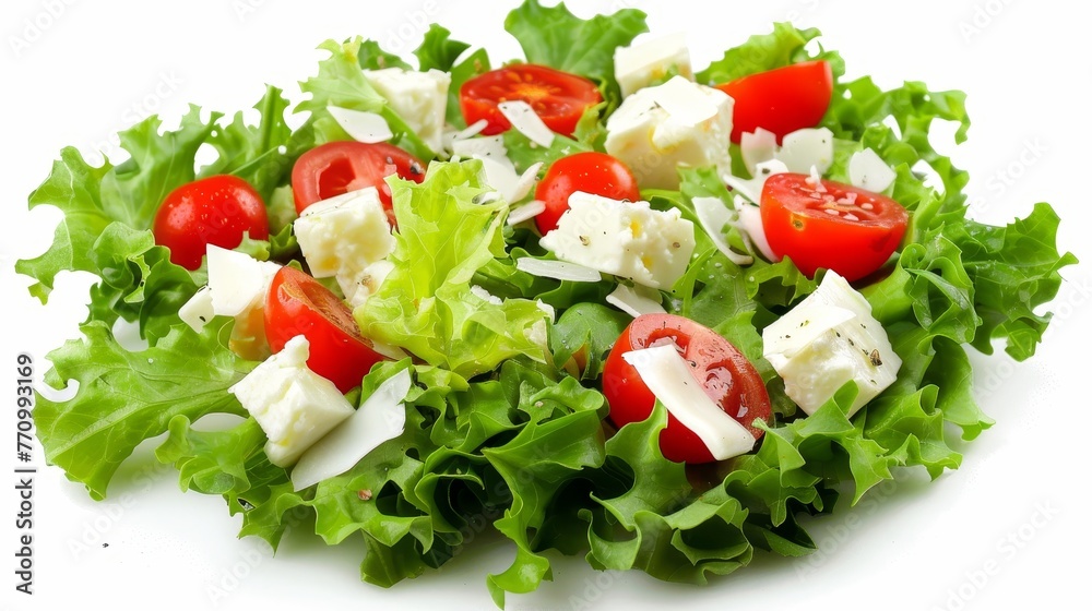 Poster it is a healthy salad with tomatoes and white cheese. it is a diet salad.