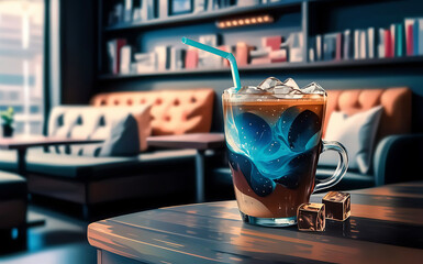 Iced americano iced coffee and space to put text in the blue abstract style in the coffee shop with a popular relaxing corner - obrazy, fototapety, plakaty