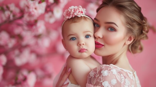 Fundo fotográfico para o Dia das Mães, com mãe e filha em meio a flores. Representação: amor familiar, vínculo materno, beleza da natureza, celebração da primavera