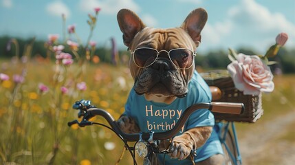 Happy birthday postcard. Fashion portrait of anthropomorphic dog in blue T-shirt rides a bicycle along meadow - obrazy, fototapety, plakaty
