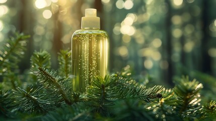 transparent bottle of green premium cleansing oil in middle of lush pine on empty white background with lot of free copy space