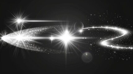 Set of white glow effects with lens flare, explosion, glitter, dust, lines, sun flash, sparks, stars, spotlight, curve twirl. Abstract light effect with sunshine.