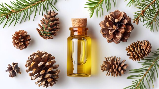 bottle with oil and pine needles around, use in spa, cosmetology, aromatherapy and medicine, pine essential oil in white background