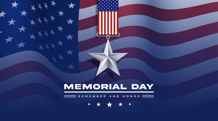Memorial Day background with USA flag and star medal. Vector illustration.