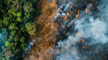 illegal logging and deforestation, forest destruction, aerial view - obrazy, fototapety, plakaty
