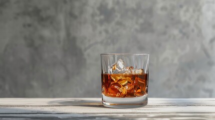 An isolated gray background depicts a transparent glass of whiskey on rocks with ice cubes attached to the edge of a white wooden table