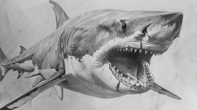 shark megalodon pencil sketch, ocean prehistoric predator 
