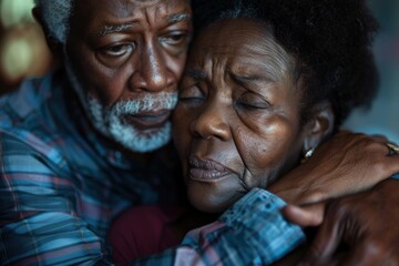 Elderly african american couple embracing, expressing a somber and tender moment. - Powered by Adobe