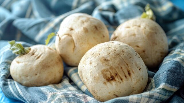 Isolated Jicama or Mexican Turnip on Blue Fabric Background, Also Known as Yam Bean or Shank Aloo