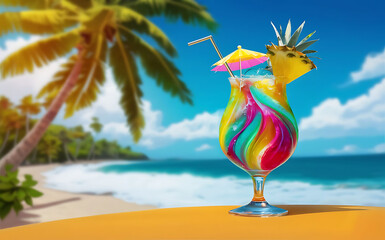 Exotic summer drink blur beach on background