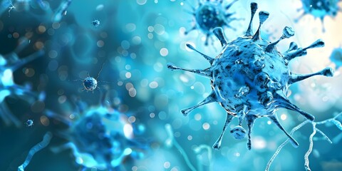Battle of human immune cells against cancer cells using nanotechnology bacteria and virus cells in the background. Concept Cancer Immunotherapy, Nanotechnology, Virus Cells, Immune Response - obrazy, fototapety, plakaty