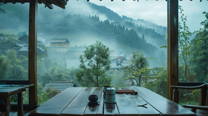 View from a tea store/resort/restaurant in Asia, tea set on the table