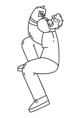 Man Full-length eating dumpling. Young guy sits in restaurant or cafe, holds fork. Doodle character.