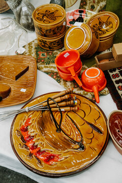Assorted tableware on display at local flea market