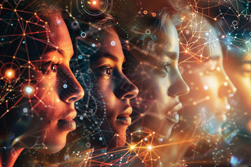 Three women's faces are shown in a collage of stars and lines