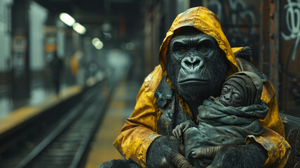 A homeless gorilla holding a baby wrapped in cloth sitting a train station,generative ai