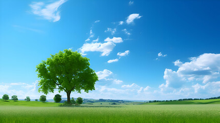 Green tree in a meadow under a blue sky with white clouds