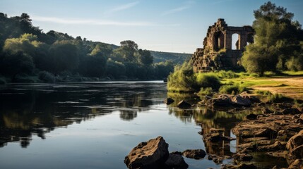 Fototapeta premium Calm river with ancient ruins on both sides
