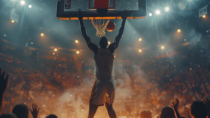 African American National Basketball Superstar Player Scoring a Powerful Slam Dunk Goal with Both Hands In Front Of Cheering Audience Of Fans. Cinematic Sports Shot with Back View Action - Powered by Adobe