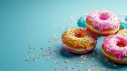 Sprinkled pink donuts concept background. Frosted sprinkled doughnuts poster wallpaper. Creative sweet food. Raster bitmap digital illustration. AI artwork.