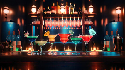 Glasses of cocktails on bar background - obrazy, fototapety, plakaty