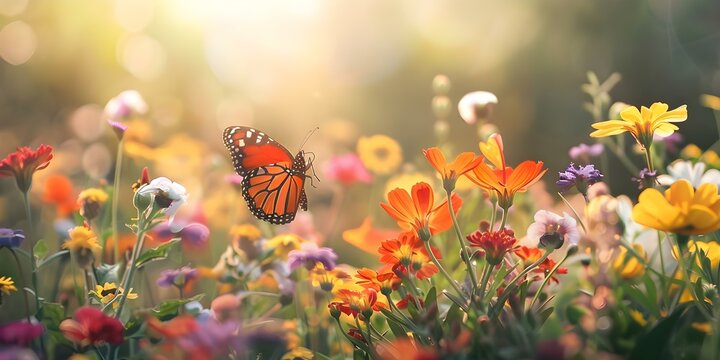 A peaceful garden with colorful flowers bathed in sunlight butterflies fluttering and a gentle breeze carrying floral scents. Concept Nature, Photography, Flowers, Butterflies, Garden