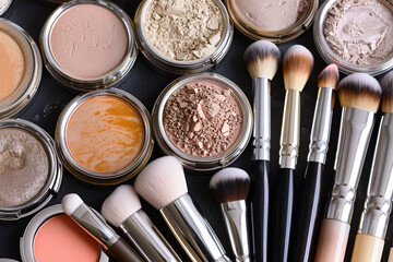 A flawlessly organized flat lay of makeup brushes, powders, and compacts, showcasing neatness and elegance.