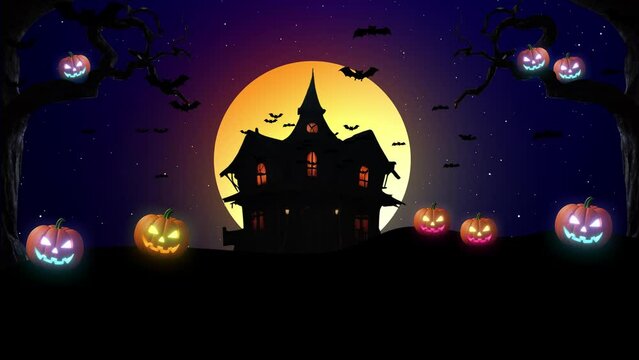 Full Moon Night With Lots Of Bats Are Flying Halloween Night, Haunted House Full Moon Scary Pumpkin Festival Of Halloween Night Horror Night Inside Pumpkin Light Animation, Scary Halloween Party Night